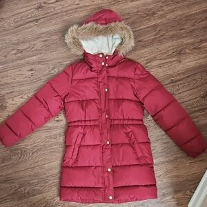 Old Navy Girls Burgundy Red Puffer Winter Coat with Faux Fur Trim